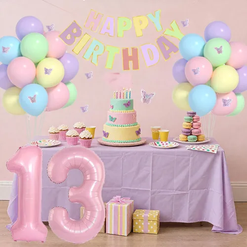 Miniatura 9 de 13th Birthday Decorations For Girls -12 Inch Pastel Balloons, 32 Inch Pink 13 Balloon, 3D Butterflies Stickers, Happy Birthday Banner For Teen Girl