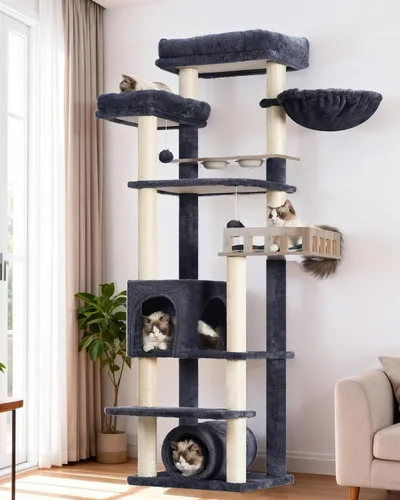Gitelsnour Árbol para gatos con túnel, torre para gatos de interior, torre alta para gatos con condominio para gatos, estación de alimentos,
