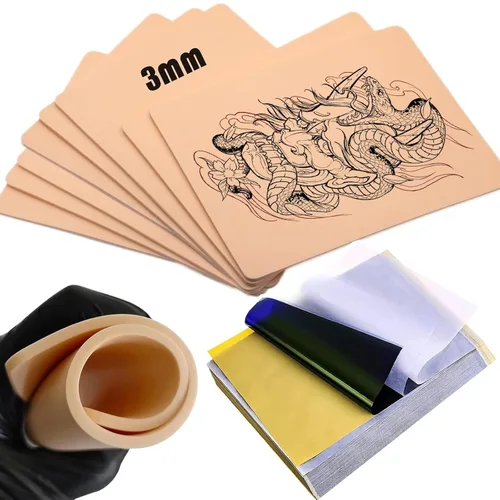 Kit de práctica de piel de tatuaje de 0.118 pulgadas, juego de 20 piezas de piel falsa gruesa y papel de transferencia, incluye 5 pieles de práctica