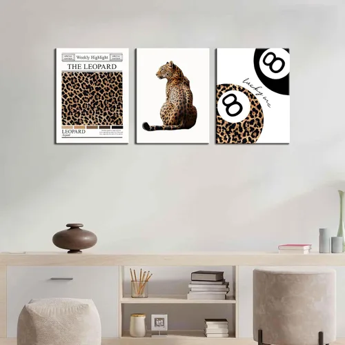 Miniatura 6 de Conjunto de 3 modernos pósteres de pared de leopardo en lona con bola de la suerte número 8, arte de pared elegante, decoraciones de pared