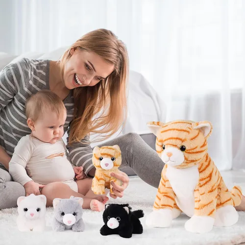 Miniatura 2 de 5 piezas de animales de peluche de gato con bebés, 12 pulgadas, mamá de peluche con 4 gatitos dentro del vientre, peluche de gato atigrado naranja