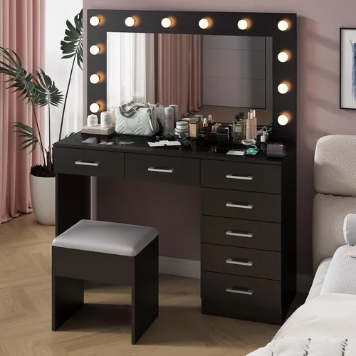 Miniatura 21 de VINGLI Tocador 3 en 1 con espejo deslizante iluminado LED y taburete acolchado sobre ruedas, pequeño tocador de maquillaje con 3 cajones y 2 Negro