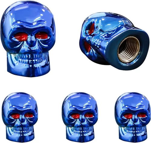Miniatura 11 de Dickno 5 tapas de vástago de válvula de neumático estilo calavera con anillo de goma, cubiertas de tapones de aire de coche con ojos rojos, tapas