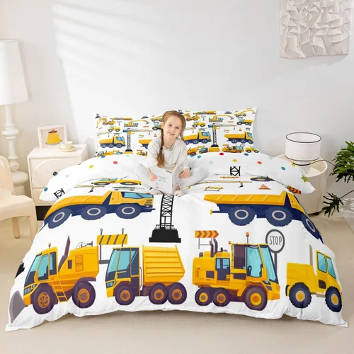 Erosebridal Juego de ropa de cama para niños de construcción tamaño individual para niños, cubierta de edredón para camiones excavadoras, juego de