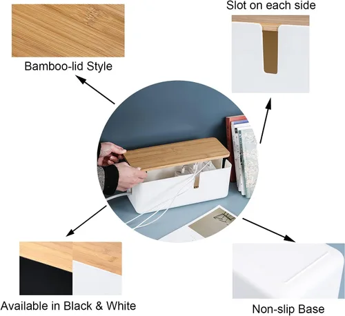 Miniatura 6 de Changsuo Caja de organización de cables con tapa de bambú, pequeña caja organizadora de cables para cable de extensión, protector de sobretensiones