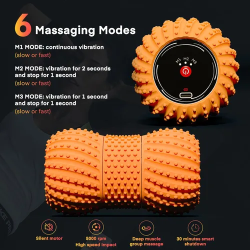 Miniatura 4 de Bola de masaje de maní vibratoria 2 en 1 con 6 modos de masaje y altavoz Bluetooth, bola de rodillo de masaje vibratorio recargable para Naranja