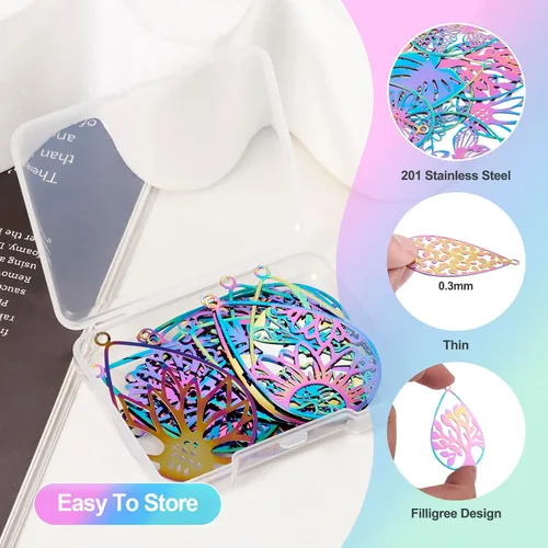 Miniatura 13 de FASHEWELRY 16 dijes de plumas de arco iris de acero inoxidable con alas de filigrana, adornos de metal de 4 colores para hacer joyas, pulseras