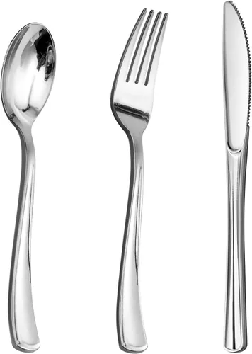 Miniatura 10 de Goodluck 500 cubiertos de plástico dorados, utensilios dorados desechables, juego de cubiertos de plástico de 200 tenedores, 150 cucharas, 150