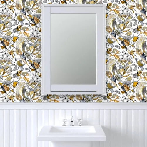 Miniatura 9 de Muestra de papel tapiz extraíble - Línea Gris Amarillo Grande Negro Blanco Hojas Círculos Puntos Papel pintado personalizado pre-pegado por