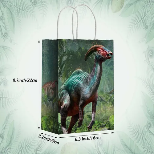 Miniatura 3 de Funrous Bolsas de regalo de fiesta de dinosaurio con mango, bolsas de papel para golosinas de dinosaurio con asas, paquete de papel para golosinas