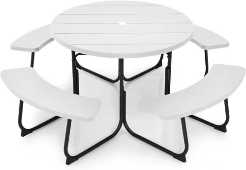Miniatura 9 de Tangkula Mesa de picnic para 8 personas, mesa de picnic redonda al aire libre con 4 bancos integrados, agujero para paraguas, marco de metal y mesa