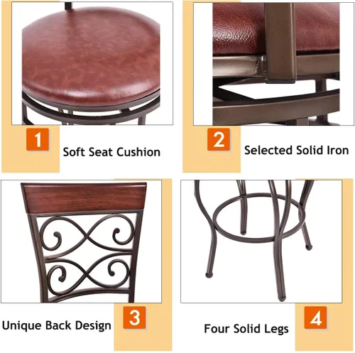 Miniatura 5 de Taburete de bar giratorio de 30 pulgadas de altura de asiento, taburetes de bar giratorios de 360 grados con asiento acolchado de cuero, sillas