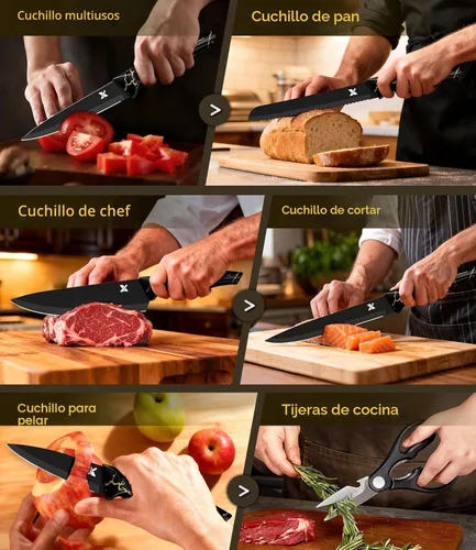 Miniatura 4 de Juego de cuchillos de cocina de 8 piezas, acero inoxidable alemán de alto carbono, cubiertos aptos para lavavajillas con afilador, color negro