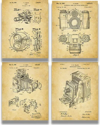 Govivo Patente de cámara antigua: un conjunto de cuatro patentes de equipos de fotografía para decoración de pared impresiones con fondos sepia,