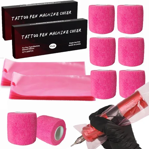 Miniatura 7 de 200 cubiertas para máquina y 4 cintas de agarre, cubiertas para bolígrafos de tatuaje Urknall para cubrir agarre, fundas de barrera, suministros