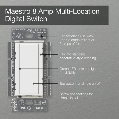 Miniatura 4 de Lutron Maestro MA-S8AM-WH, interruptor digital, 8 A, un solo polo/ubicación múltiple, color blanco