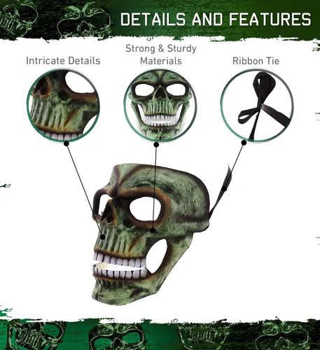 Miniatura 3 de Máscara de esqueleto, disfraz de calavera Steampunk, accesorio de disfraz de cara completa para Halloween, fiestas y eventos de terror Verde