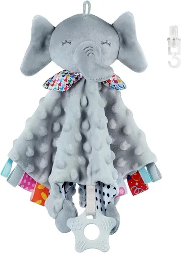 Manta de seguridad de elefante con etiquetas, diseño de animales mordedores, manta suave para niños y niñas, cosas de bebé para juguetes recién