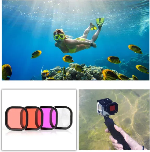 Miniatura 6 de SOONSUN Paquete de 4 filtros de buceo para GoPro Hero 11, 10, 9, 8, carcasa impermeable oficial, rojo, rojo claro, magenta, 5 filtros macro