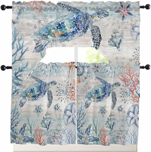 Miniatura 7 de Cortinas de cocina con cenefa de cangrejo oceánico, cenefa con bolsillo para barra, paneles de cortina para dormitorio, sala de estar, baño
