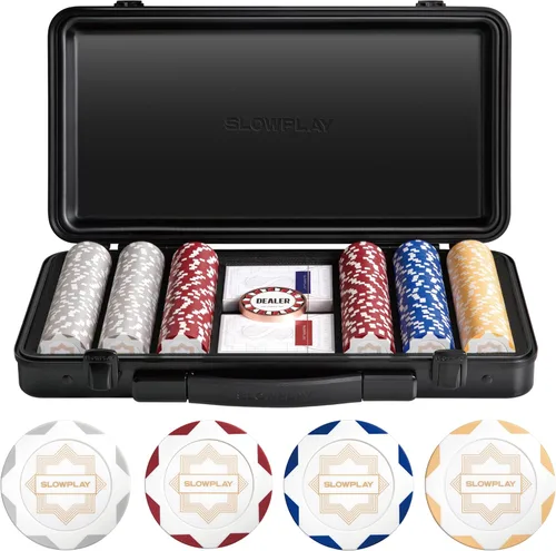 Miniatura 16 de SLOWPLAY Juego de fichas de póker de 14g de arcilla para Texas Hold'em, 500 piezas, con valores numerados, estilo Art Deco, y estuche de transporte