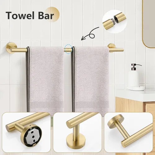 Miniatura 2 de Juego de 5 piezas de toallero, accesorios de baño de hardware de oro cepillado que incluye toallero de 60 cm, soporte de papel higiénico, anillo