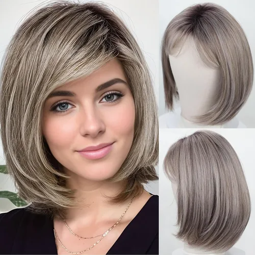 Miniatura 18 de RENERSHOW Pelucas rubias en capas para mujeres blancas con flequillo, peluca de pelo corto lacio, peluca sintética de color rubio degradado