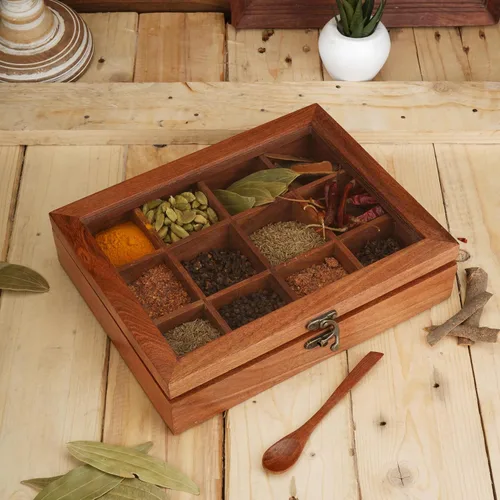 Miniatura 2 de Ajuny Caja de especias de madera de 10 x 8 pulgadas, organizador decorativo indio Masala Dabba con tapa de vidrio, 12 compartimentos y cuchara