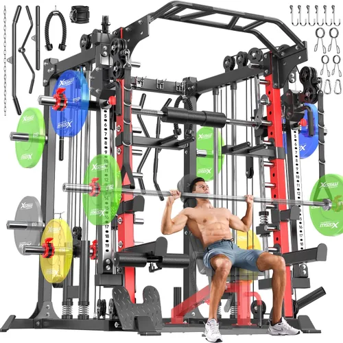 Miniatura 26 de Máquina Smith con sistema de cruce de cables, jaula de potencia multifunción para sentadillas y rack de potencia para gimnasio en casa, rack de Negro