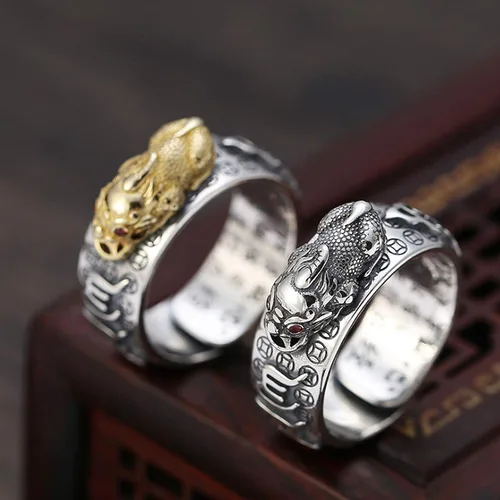 Miniatura 4 de HJ HUAJ 990 Silver Feng Shui PiXiu Adjustable Ring MANI Mantra Protection Wealth Ring