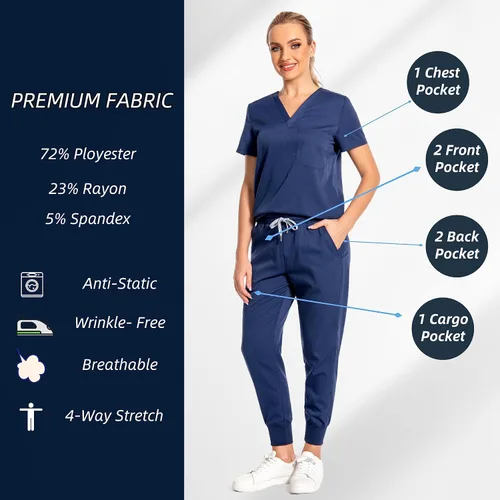 Miniatura 6 de PuriPure Conjunto de ropa quirúrgica para mujer, uniforme de enfermera, pantalones deportivos clásicos con cuello en V y pantalones quirúrgicos
