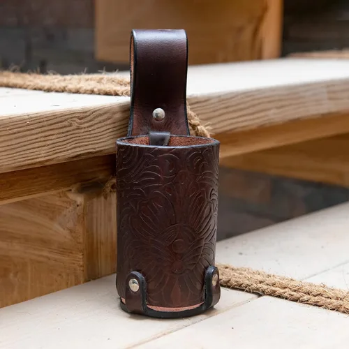Miniatura 3 de Hulara Funda de cerveza de cuero pulido de grano completo para hombre, hebilla de cinturón de viaje de vaquero/al aire libre Marrón con lazo