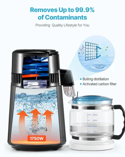 Miniatura 5 de VEVOR Destilador de Agua de 1750W, Fabricante de Agua Destilada de 0.4 Gal/H con Garrafa de Vidrio, Máquina Destiladora de Encimera de 4L/1.1 Gal
