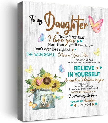 Miniatura 8 de Wailozco Lienzo colgante con texto en inglés "To My Beautiful Daughter", arte de pared enmarcado para decoración de pared de habitación de hija