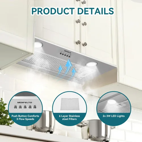 Miniatura 3 de Campana extractora integrada/insertada de 400 CFM de 24 pulgadas, ventilación de cocina convertible con conductos/sin conductos con luces LED de 3