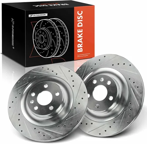 A-Premium Rotores de freno de disco perforados y ranurados traseros de 13.38 pulgadas (13.386 in) compatibles con modelos seleccionados de Volvo -