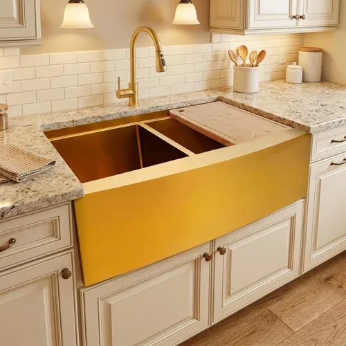 Miniatura 6 de Fregadero dorado de 33 x 20 pulgadas, fregadero de cocina dorado con doble tazón, fregadero de estación de trabajo de granja frontal de 33 pulgadas