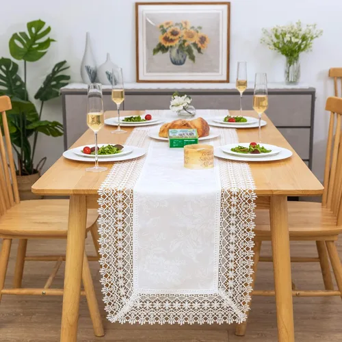 Miniatura 27 de Camino de mesa rectangular de granja de encaje beige premium, impermeable, a prueba de aceite, a prueba de derrames, antiencogimiento, suave