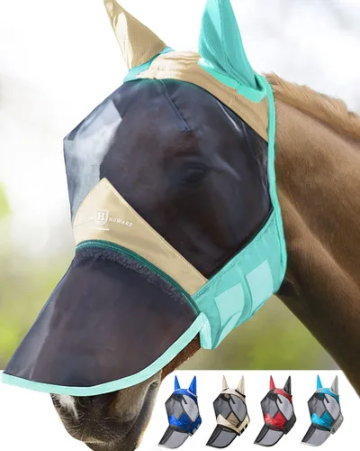 Harrison Howard Pro Luminous Horse Fly Máscara de nariz larga con orejas protección UV para caballo, champán, oro/menta pequeño poni