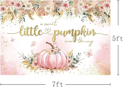 Miniatura 3 de MEHOFOND Telón de fondo bohemio de calabaza de otoño de 7 x 5 pies para niñas, diseño floral rosa con texto en inglés "A Sweet Little Pumpkin Is On