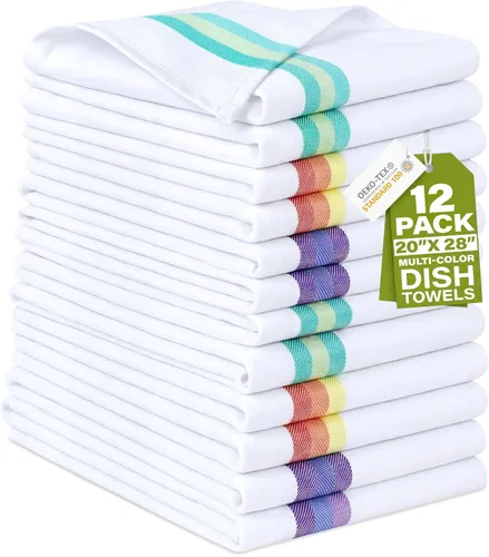 Harringdons Juego de 12 paños de cocina, 100% algodón. Toallas de cocina grandes, suaves y absorbentes, de 28 x 20 pulgadas. Color blanco con rayas