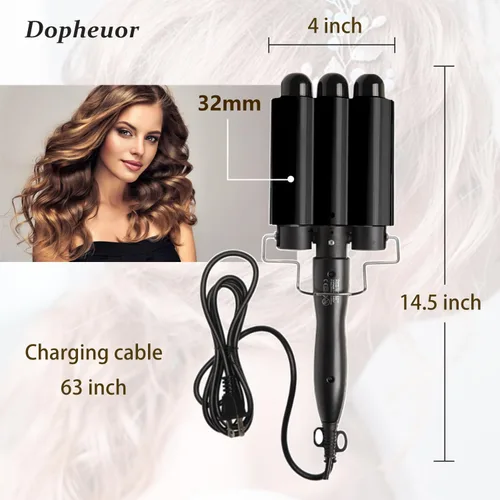 Miniatura 4 de Dopheuor - Plancha de pelo de 3 barriles jumbo de 1.25 pulgadas (32 mm), varita rizador de pelo con calentamiento instantáneo ajustable con 2 Negro