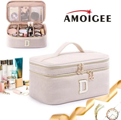 Miniatura 6 de AMOIGEE Organizador de Bolsa de Maquillaje con Inicial, Neceser Personalizado de Doble Capa, Bolsa de Aseo de Viaje para Brochas de Maquillaje