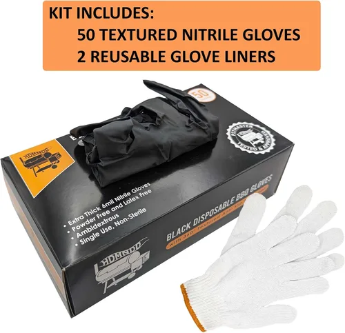 Miniatura 2 de Kit de guantes desechables para barbacoa negro - 50 guantes de agarre texturizado resistentes y 2 forros reutilizables resistentes al calor