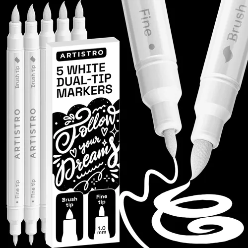 Miniatura 35 de ARTISTRO 5 marcadores de pintura acrílica negra, bolígrafos de pintura de doble punta + pincel fino ideal para caligrafía, perfectos para tela