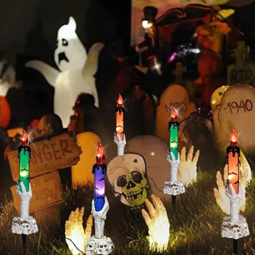 Miniatura 4 de Hourleey Decoraciones de Halloween, paquete de 5 velas de calavera con estacas, funciona con pilas, impermeable, decoración de camino