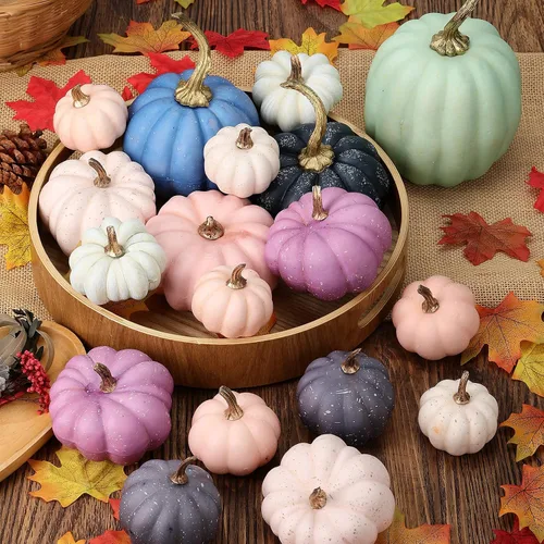Miniatura 5 de 18 calabazas artificiales pequeñas de espuma falsa a granel, decoración de calabaza de otoño rosa y azul, decoraciones para el hogar, festivales