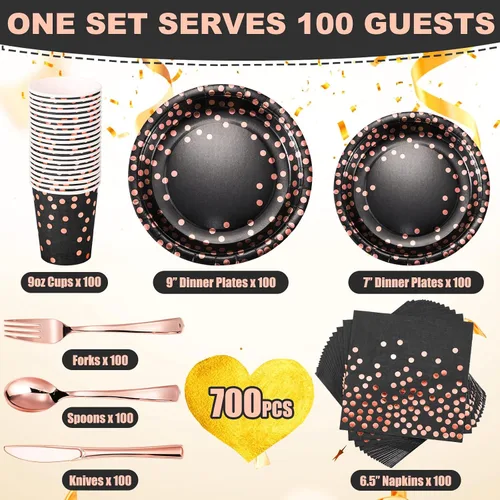 Miniatura 2 de 700 piezas de suministros de fiesta de color negro y oro rosa para 100 invitados, juegos de vajilla desechables, platos de papel de oro rosa negro