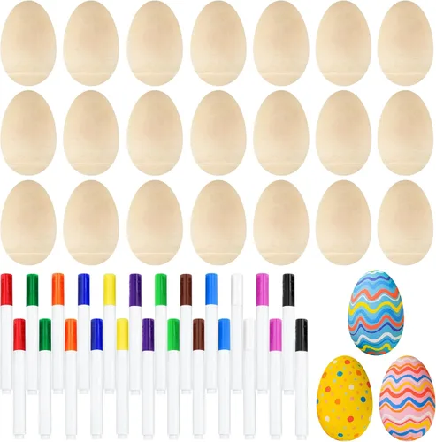 Morcheiong Juego de 24 pompones de huevos de madera, instrumentos musicales con 24 bolígrafos multicolores, huevos de maracas, huevos de Pascua para