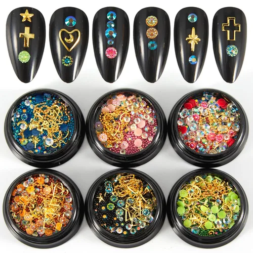 Miniatura 12 de 6 cajas de dijes de uñas 3D dorados, dijes de arte de uñas con parte trasera plana, joyas de diamantes de imitación para uñas, gemas de uñas